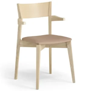 Miss Armchair in light natural wood finish with a beige upholstered seat, shown from a front three-quarter angle.