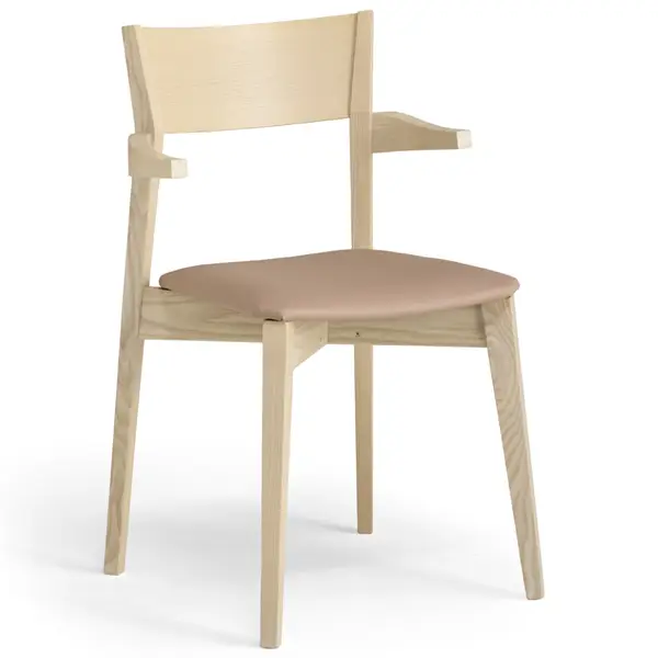 Miss Armchair in light natural wood finish with a beige upholstered seat, shown from a front three-quarter angle.
