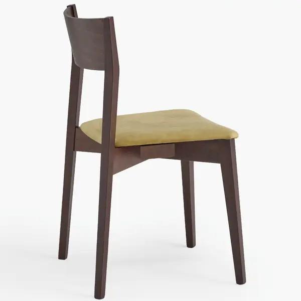 Rear-facing studio shot of a Miss Side Chair showcasing its dark walnut wood frame and olive-toned upholstered seat.