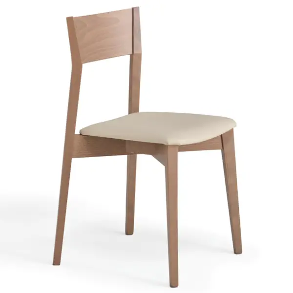 Miss Side Chair featuring a smooth wooden frame and beige padded seat, shown in a simple profile view on white.