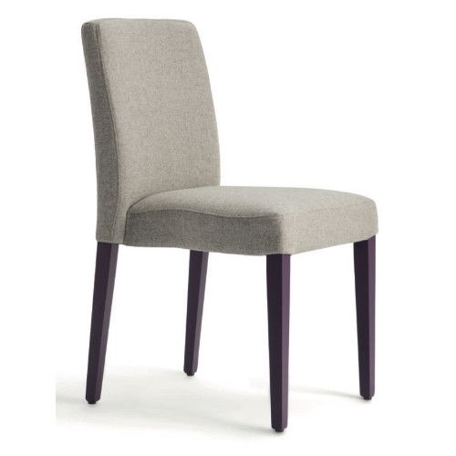 Miss Stacking Side Chair captured from a front three-quarter perspective, highlighting grey textured upholstery and deep purple wooden legs.