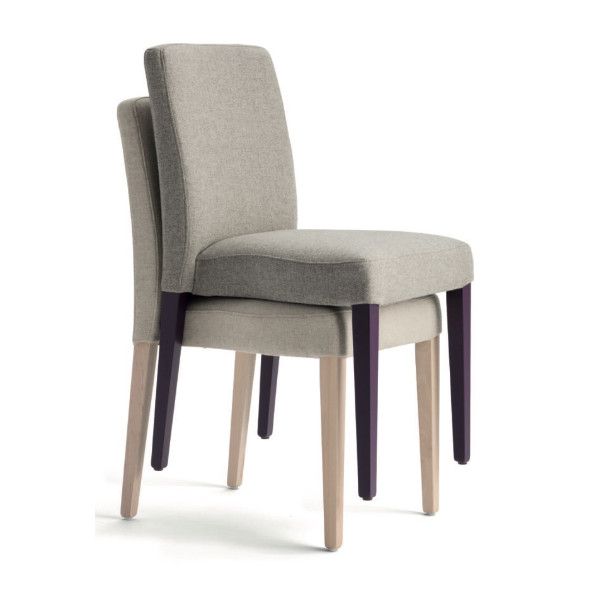 Two Miss Stacking Side Chairs nested vertically against a white background, featuring grey fabric and purple legs.