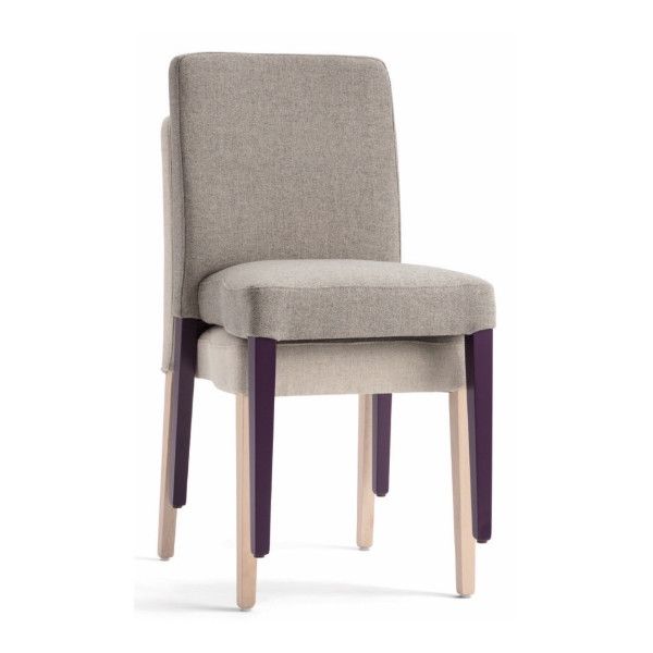 A Miss Stacking Side Chair in light fabric, showing a dual-layered design with distinct purple and wood-tone legs.