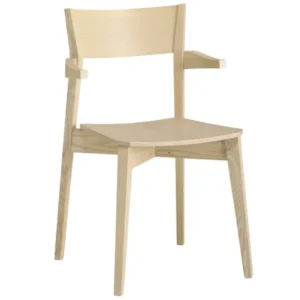 Miss W Armchair in light natural wood finish with a modern 4-legged stacking design shown from a front-angle view.