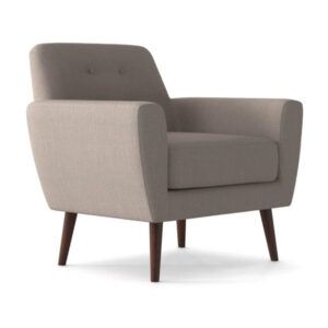 Contemporary Monaco lounge chair in beige fabric with tufted back and dark wooden legs, shown from a side angle.
