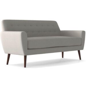 Monaco sofa in light grey fabric with button-tufted back, curved arms, and tapered wooden legs, angled view.