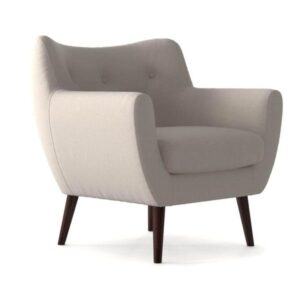 Bristol lounge chair in light beige fabric with curved backrest and dark wooden four-legged base on white background.