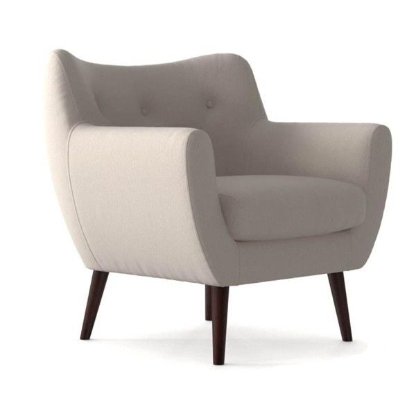Bristol lounge chair in light beige fabric with curved backrest and dark wooden four-legged base on white background.