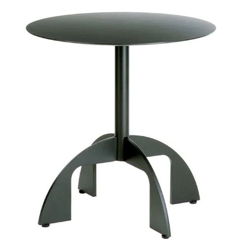 A sleek Noru Coffee Table Base in black with a round top and a unique, arch-shaped three-legged metal frame.