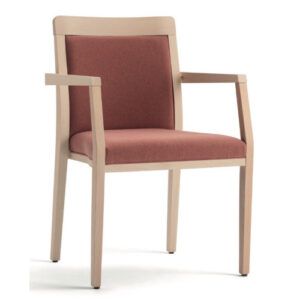 Opera stacking armchair with light wood frame and coral-colored upholstered seat and back in a front-facing studio view.