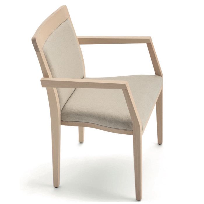Three-quarter view of an Opera stacking armchair with a light timber frame and beige upholstered seat and backrest.