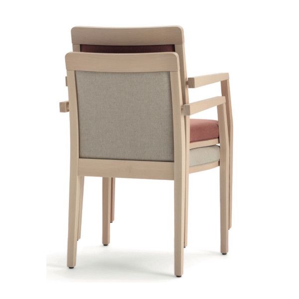 Rear view of two stacked Opera side chairs featuring light wooden frames and neutral upholstered backrests.
