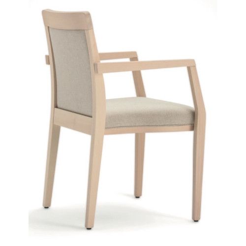 Close-up perspective of an Opera stacking armchair, highlighting its pale wooden armrests and soft grey fabric seat.