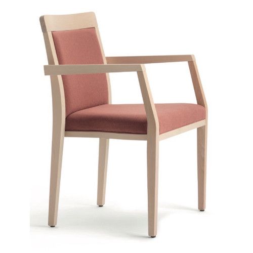 Single Opera stacking chair featuring a light wood frame and coral-toned upholstery in a crisp, isolated studio profile.