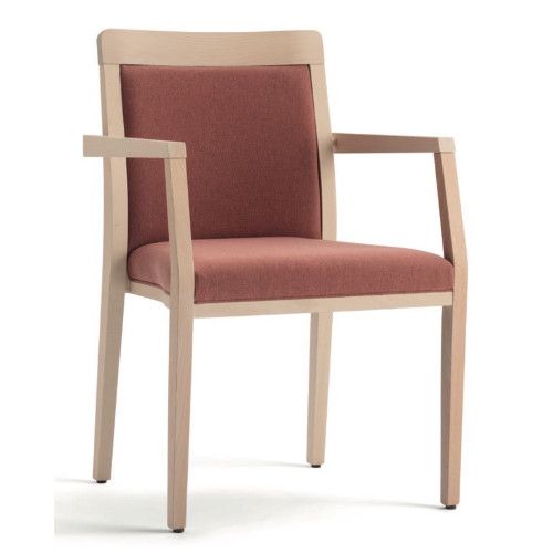 Opera stacking armchair with light wood frame and coral-colored upholstered seat and back in a front-facing studio view.