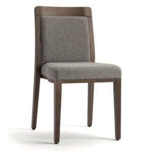 Opera Stacking Side Chair with a dark wood frame and grey upholstered seat and back, shown from a front-side angle.