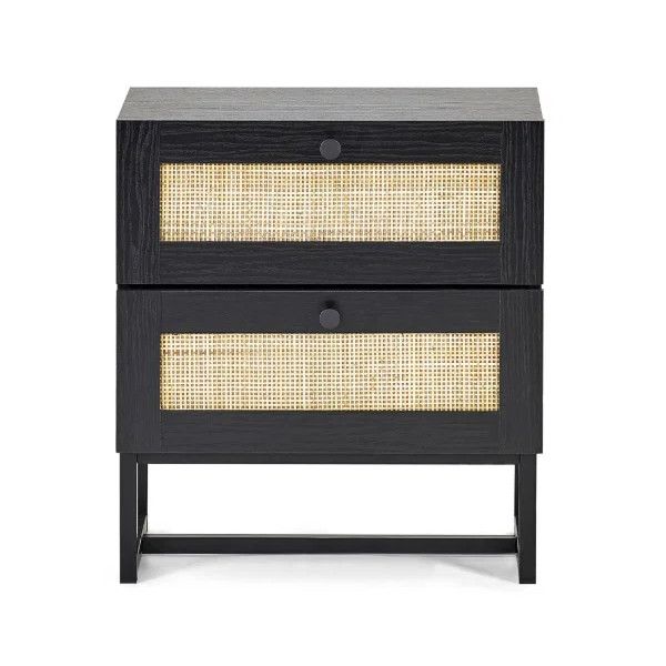 Front view of a dark Padstow bedside unit featuring two drawers with rattan cane panels and small round black pulls.