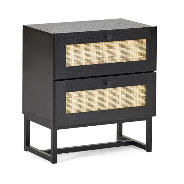 Padstow bedside table in black wood with two drawers featuring natural rattan cane panels and a modern metal base.