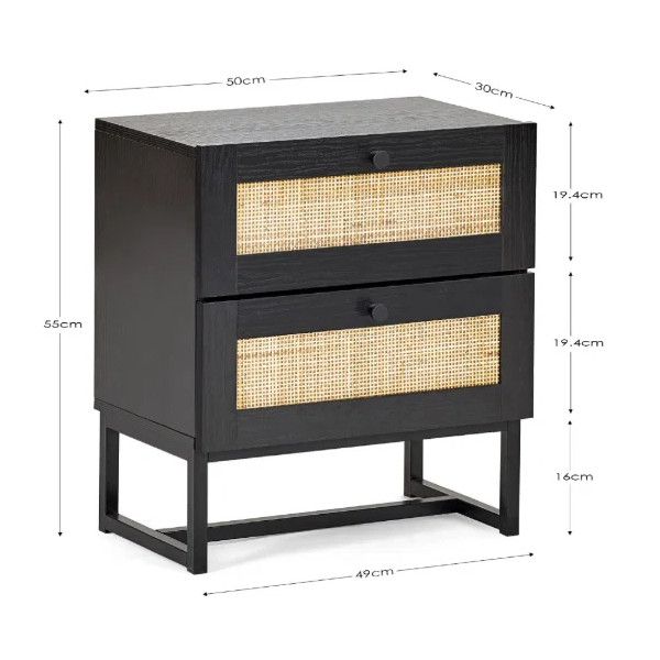 Black Padstow bedside unit with two rattan drawers and dimensions shown in a technical diagram view.