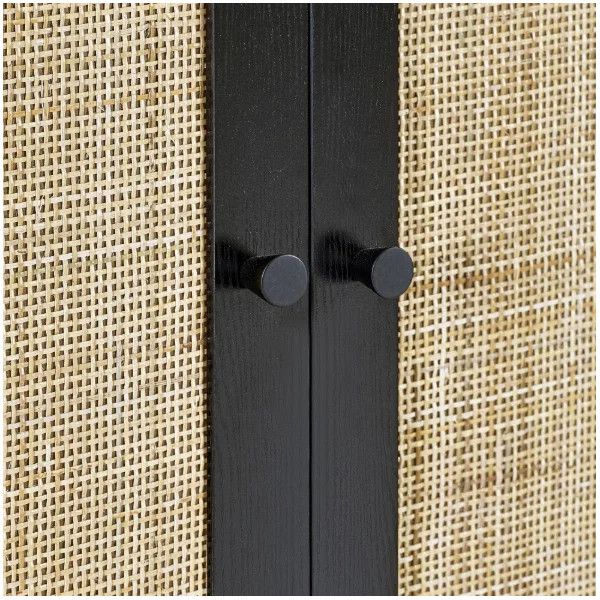 Close-up view of Padstow wardrobe doors showing natural rattan mesh texture alongside black wooden handles and frame.