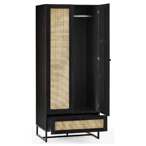 Black Padstow wardrobe with open door and extended rattan drawer, showcasing the interior hanging rail and metal base.