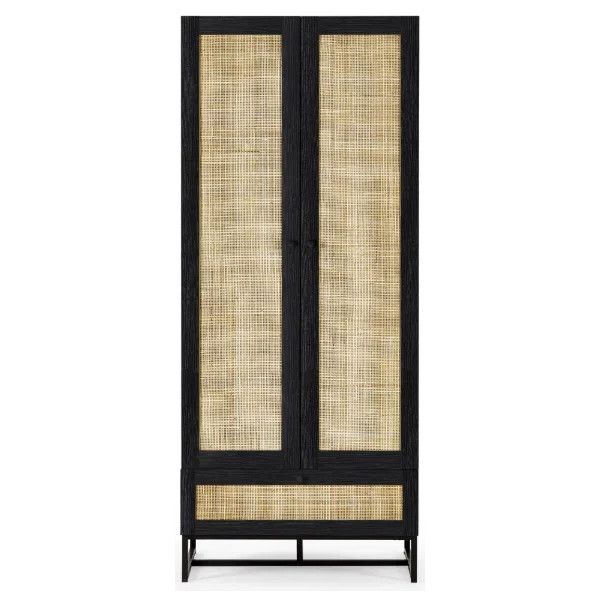 Front view of the black Padstow wardrobe, showing full-length rattan door panels, lower drawer, and sleek metal base.