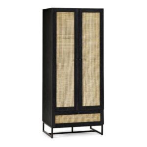 Studio shot of a black Padstow wardrobe displaying woven rattan doors and a base drawer over a minimalist metal frame.