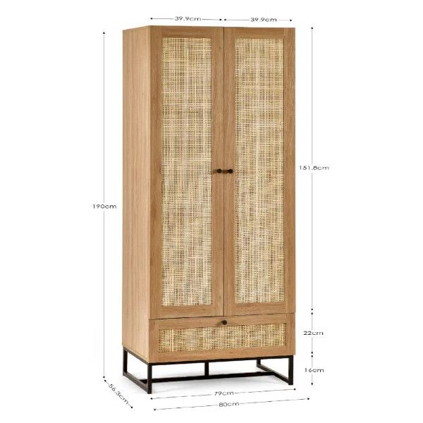 Dimension diagram of the Padstow wardrobe in oak, showing height, width, and depth measurements for the rattan furniture.
