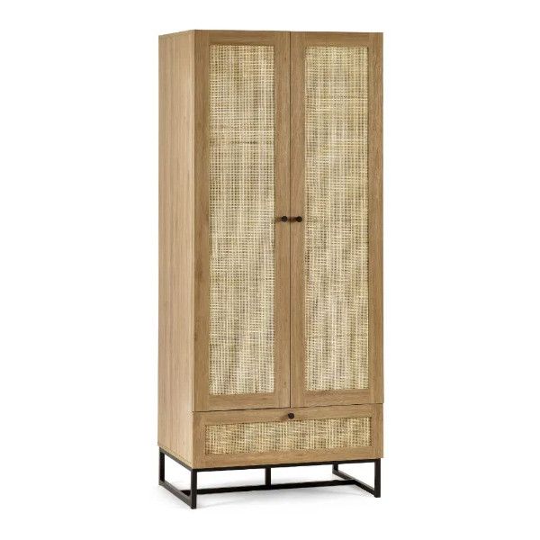 Padstow oak wardrobe featuring rattan panelled doors and drawer on a black industrial metal sled base, full view.