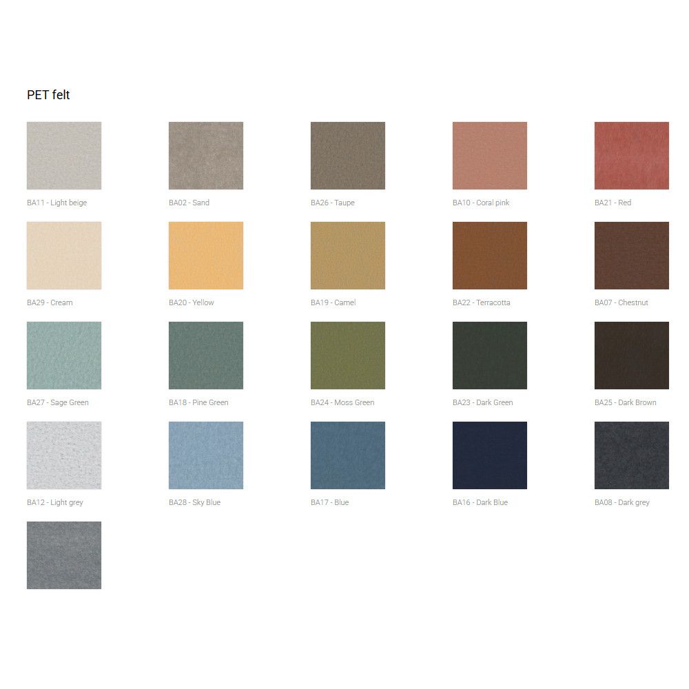 Grid display of PET felt material color swatches for Parthos furniture, ranging from light beige to dark grey tones.