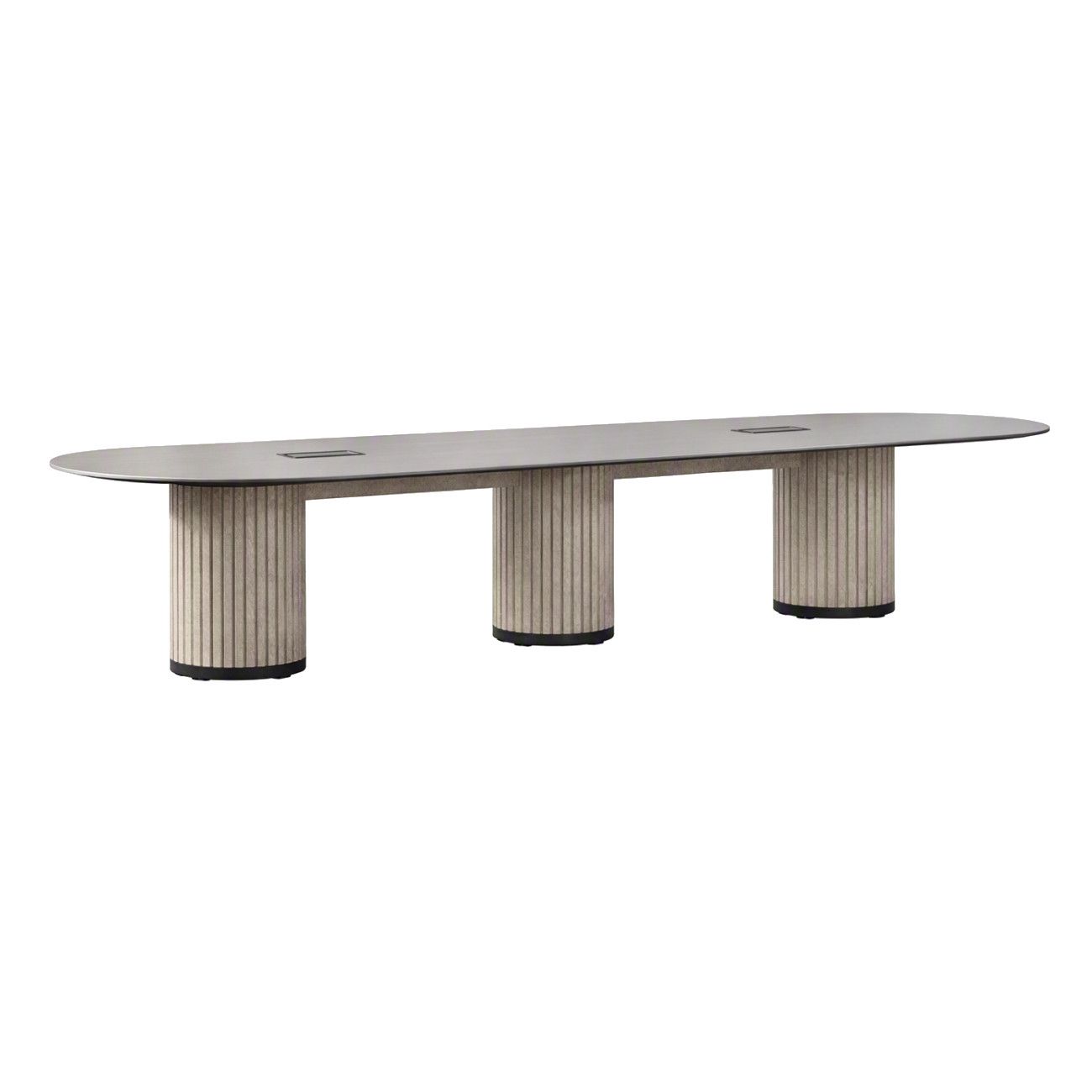 Parthos Large Meeting Table with grey laminate top and three fluted beige felt-covered pedestal bases on white background.