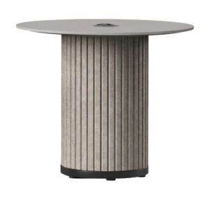 Parthos small meeting table with a round grey top and a textured, fluted cylindrical pedestal base on a black plinth.
