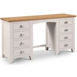 Richmond Desk Table with light wood top and grey base, eight drawers with silver cup handles.