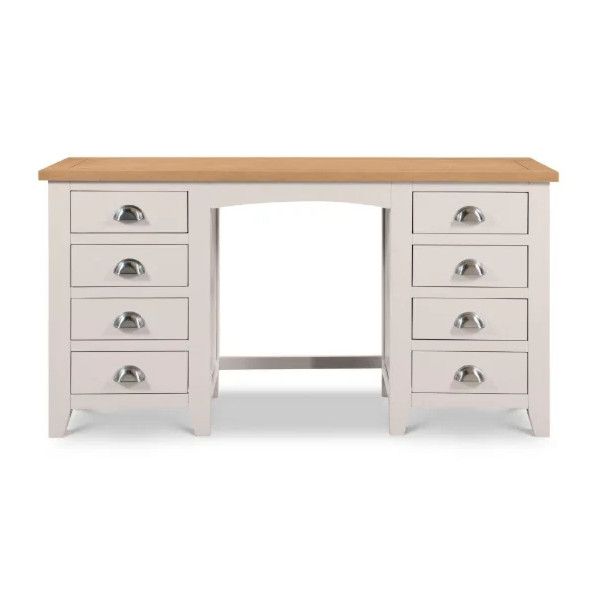 Richmond Desk Table with light oak top and cream base, eight drawers with silver cup handles.