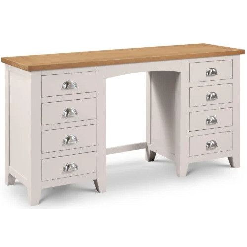 Richmond Desk Table with light wood top and grey base, eight drawers with silver cup handles.