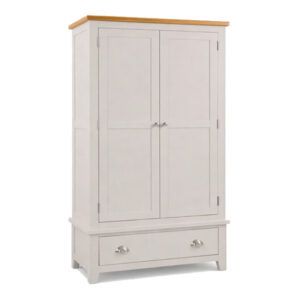 Richmond wardrobe in white and oak with two doors and a bottom storage drawer, shown from a front-angled view.