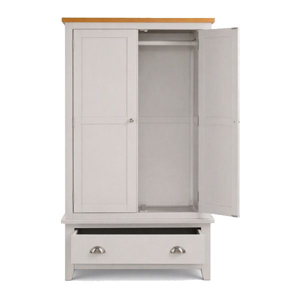 Open Richmond wardrobe in grey and oak finish, showcasing internal hanging rail and bottom drawer, studio view.