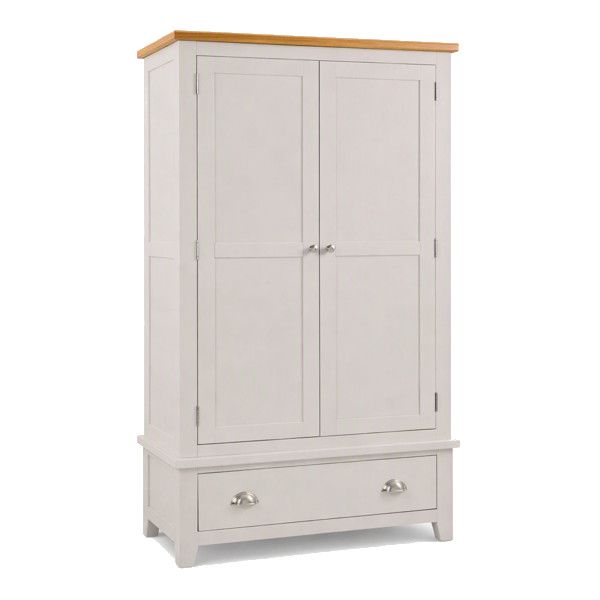 Richmond wardrobe in white and oak with two doors and a bottom storage drawer, shown from a front-angled view.