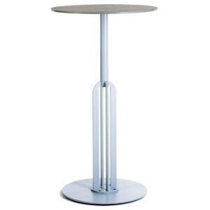 Runo dining table with a light grey metal pedestal base and circular foot on a white background, front view.
