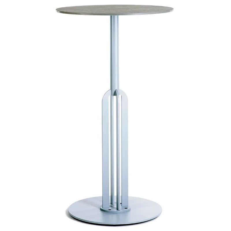 Runo dining table with a light grey metal pedestal base and circular foot on a white background, front view.