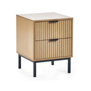 Sia bedside table in light wood with two drawers featuring vertical slatted fronts, black handles, and metal legs.