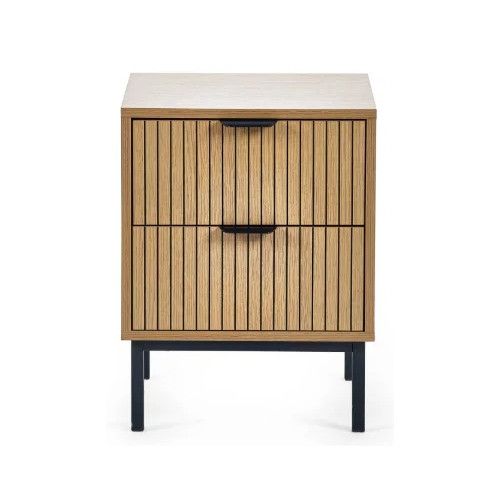 Front view of the Sia bedside table featuring two slatted wooden drawers, black slim handles, and a sleek metal base.