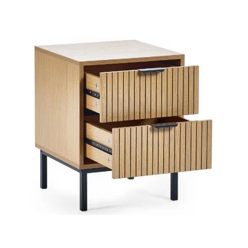 Angled perspective of a Sia bedside table displaying both slatted drawers extended on smooth metal runners.