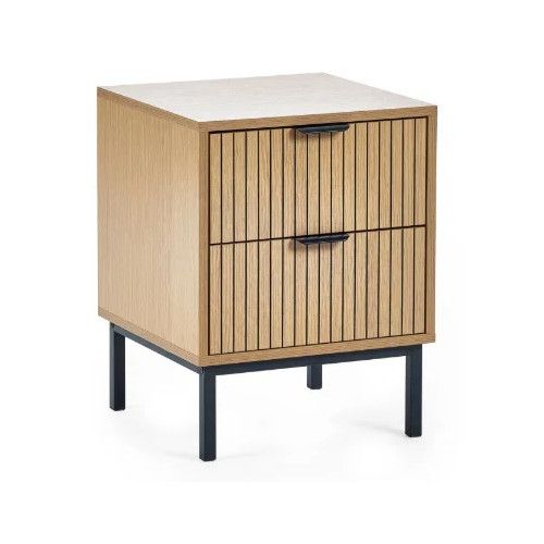Sia bedside table in light wood with two drawers featuring vertical slatted fronts, black handles, and metal legs.