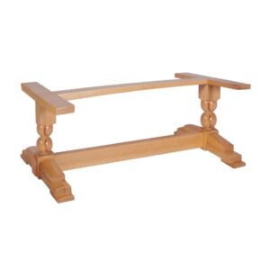 Light wood Sphere Twin Coffee Table Base with turned pedestal legs and trestle design, angled view.