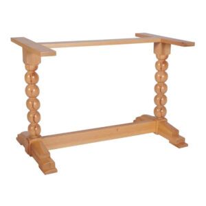 Sphere Twin Dining Table Base in light wood with turned bobbin pedestal legs and trestle feet, angled view.