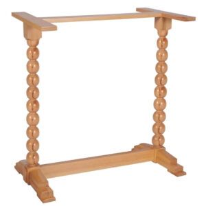 Sphere Twin Poseur Table Base in natural wood with turned bobbin legs and T-shaped feet, angled view