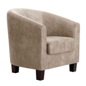 Ula Lounge Chair in beige fabric with a curved back, integrated arms, and dark wooden legs in a three-quarter view.