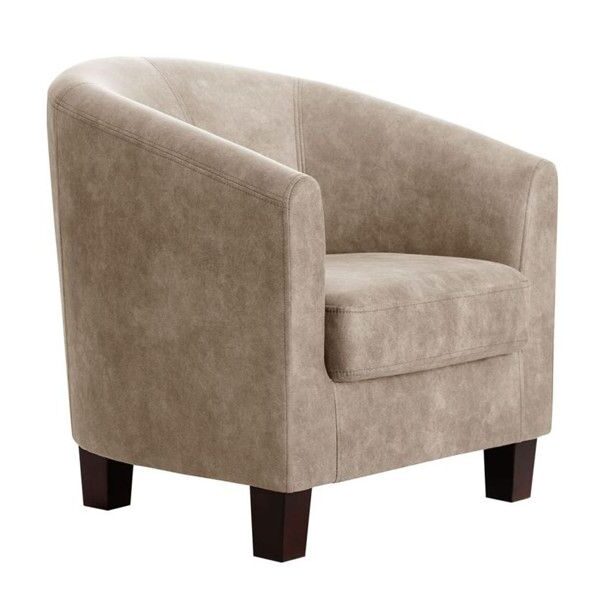 Ula Lounge Chair in beige fabric with a curved back, integrated arms, and dark wooden legs in a three-quarter view.