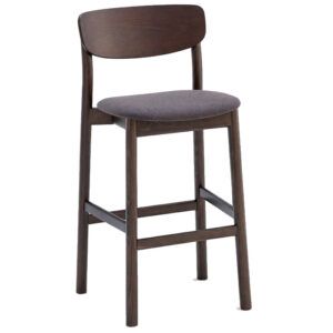 Zelda barstool with dark wood frame and grey upholstered seat, shown from a front three-quarter angle.